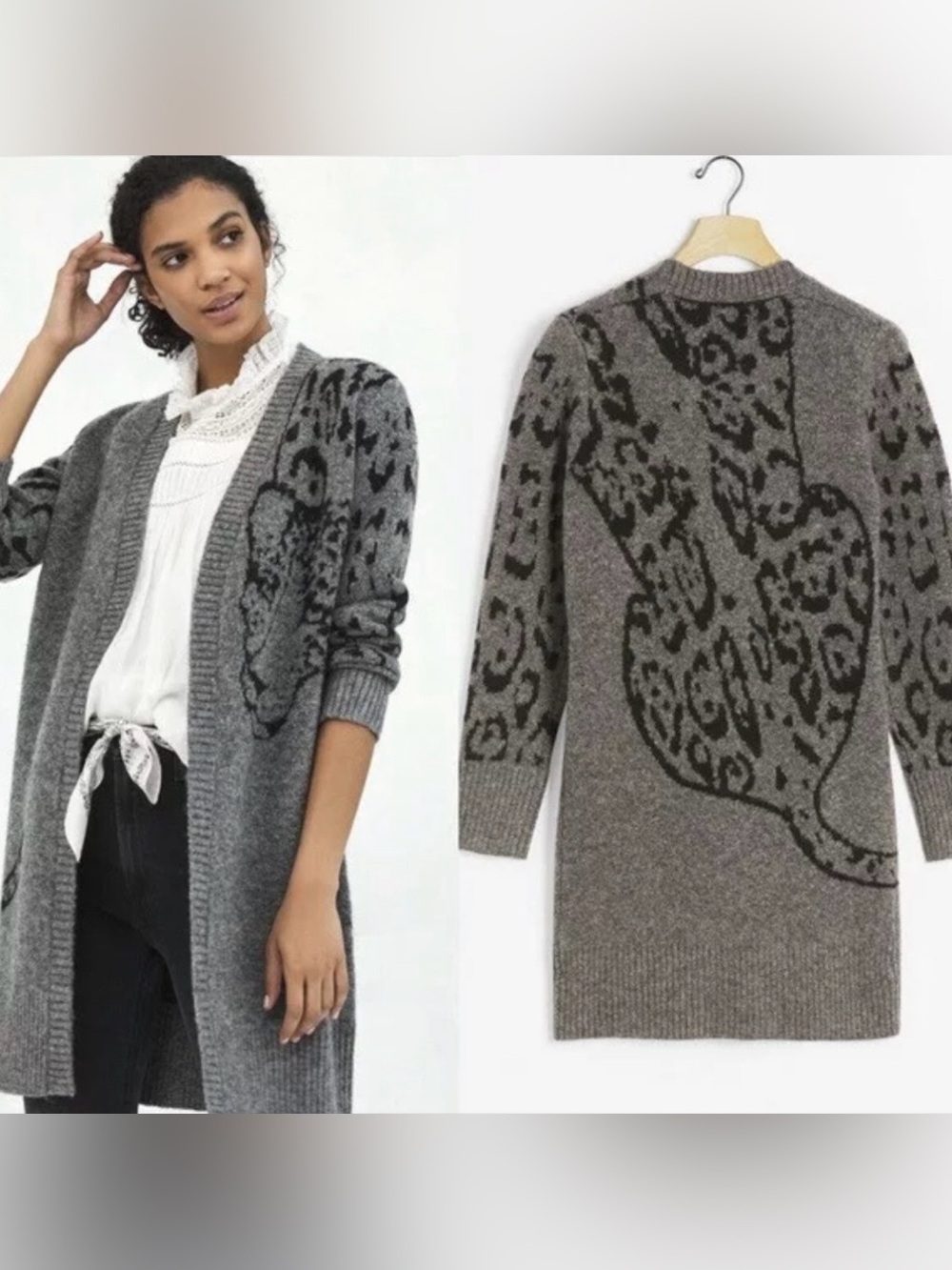 EUC Anthropologie Averie Gray Open-Front Leopard-Print Long Cardigan Size Medium